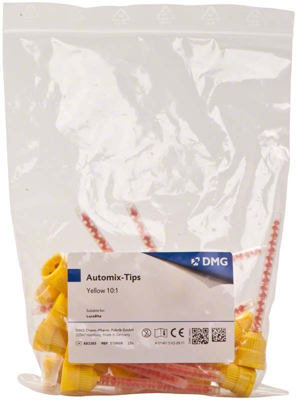 Gelbe Automix-Tips 10:1 im transparenten Beutel, Packung mit 25 Stück.