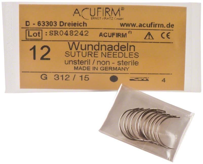 Wundnadeln 1/2 kreisförmig Typ G, unsteril, in Verpackung.