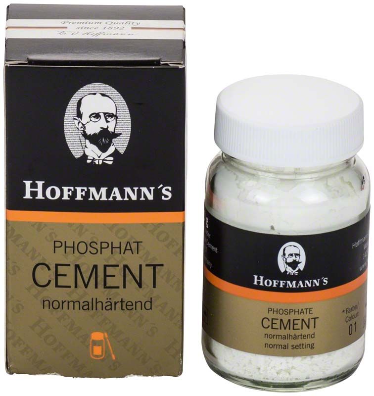 Hoffmann's Phosphat Cement Pulver in Verpackung mit Glasbehälter.