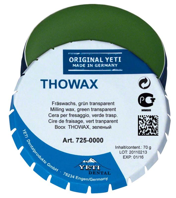 Thowax Fräswachs grün-transparent in runder Verpackung mit Etikett.