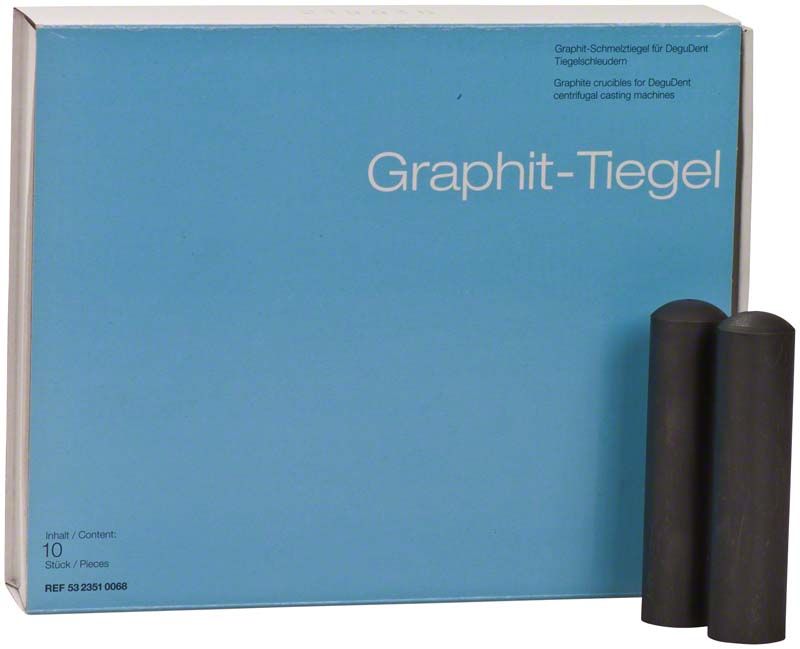 Blauer Karton mit der Aufschrift "Graphit-Tiegel", zwei schwarze Graphittiegel daneben.