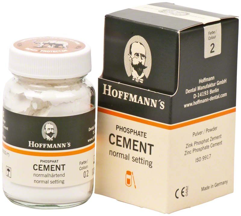 Hoffmann's Phosphatzement in Glasflasche neben Originalverpackung.
