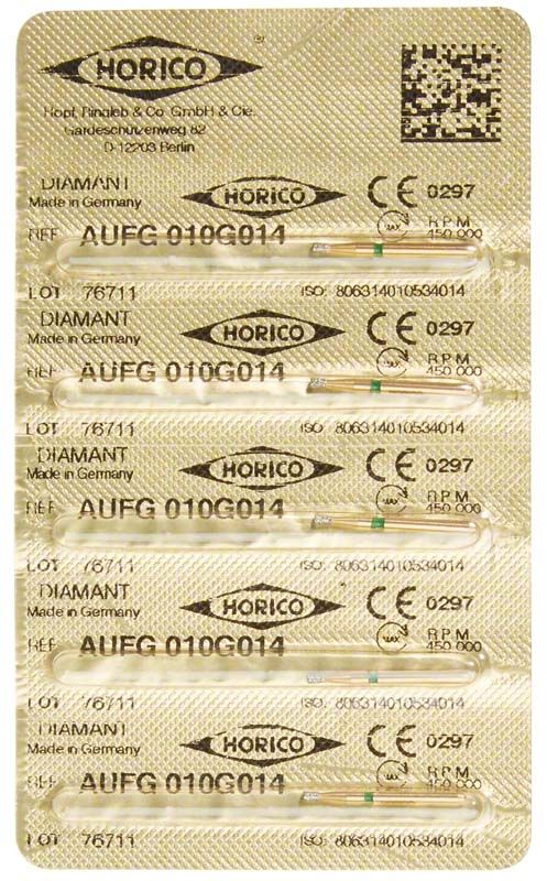 Blisterverpackung mit fünf Löwenschleifer AuFG 010G 014 Diamant-Instrumenten.