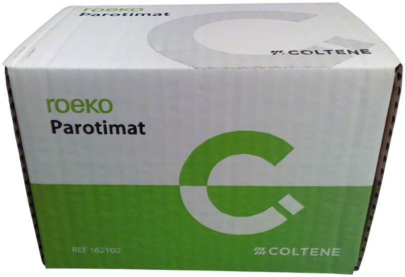 Verpackung des ROEKO Parotimat mit grün-weißer Gestaltung und Markenlogo.