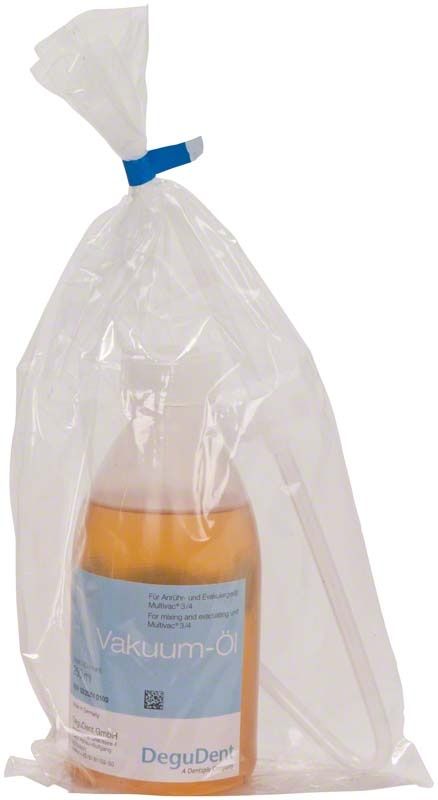 Vakuum-Öl-Flasche in transparenter Plastikverpackung mit blauer Etikettierung.