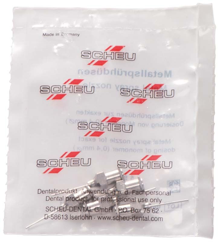 Metallsprühdüsen der Marke Scheu-Dental in Plastikverpackung.