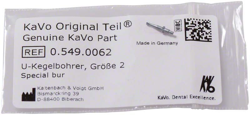 Verpackung eines U-Kegelbohrers Größe 2 von KaVo Dental.