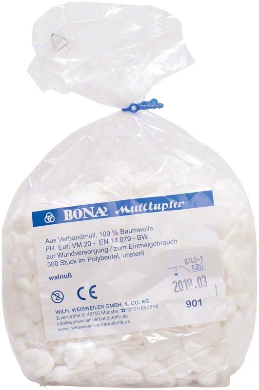 Klarer Plastikbeutel mit BONA Mulltupfer aus Baumwolle, unsteril.