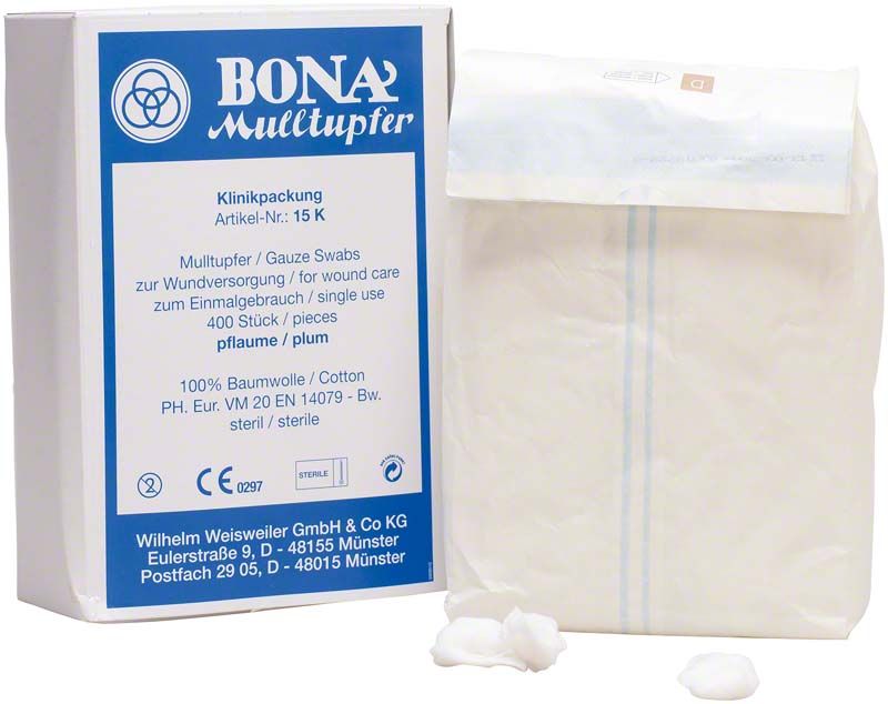 BONA Mulltupfer Pflaume steril in Klinikpackung mit 400 Stück.