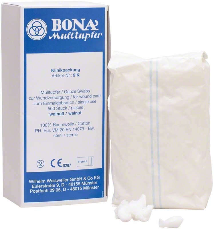 BONA Mulltupfer Walnuss steril in Klinikpackung mit Verpackungsdetails.
