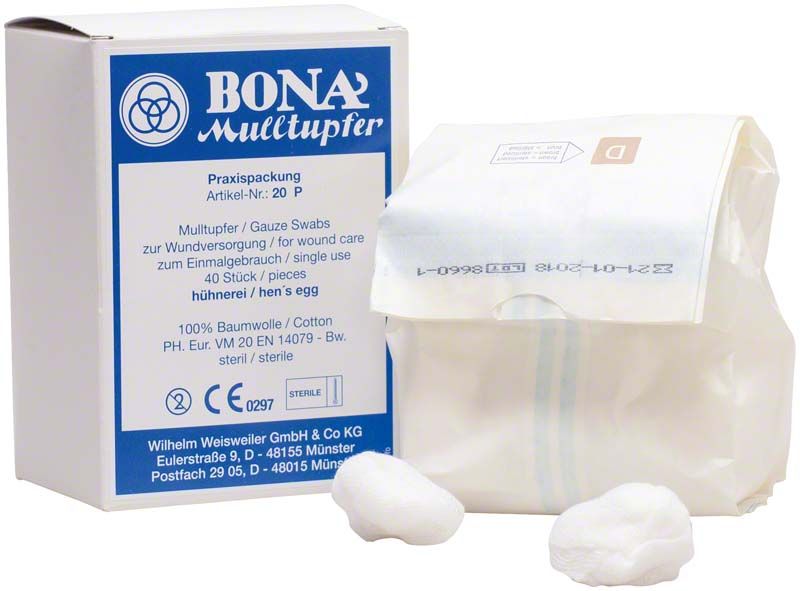 BONA Mulltupfer-Packung mit sterilem Verbandmull für zahnmedizinische Anwendungen.