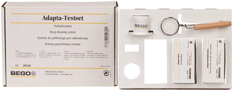 Adapta-Tiefziehsystem Einführungs-Set von BEGO mit Verpackung und Zubehör.