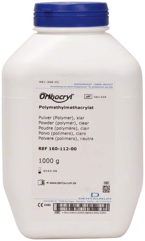 Orthocryl® Pulver, klar 1kg Dose, weiße Verpackung mit Produktdetails.