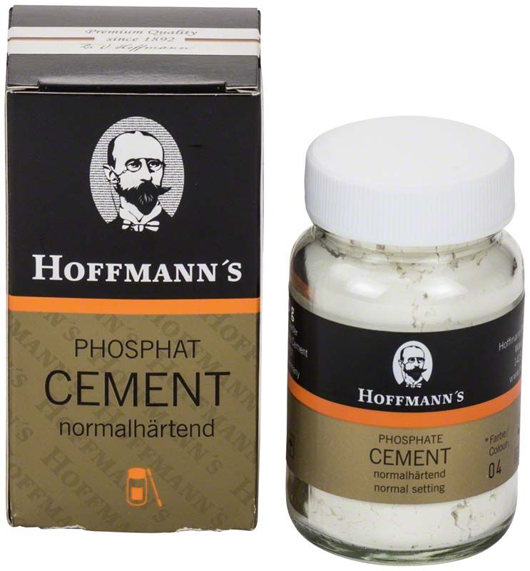 Hoffmann's Phosphat Cement Pulver in Verpackung mit Glasflasche.