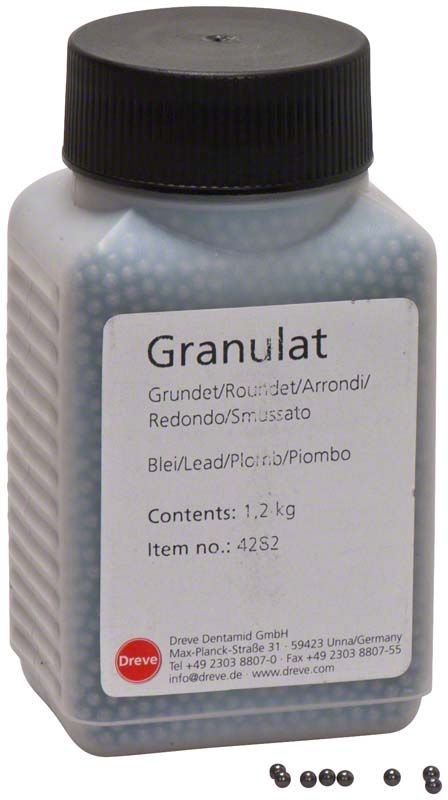 Bleigranulat in grauer Kunststoffflasche mit Etikett und Dreve-Logo.