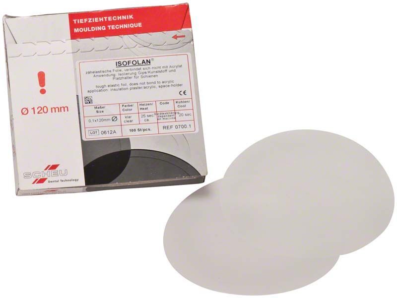 Tiefziehfolien ISOFOLAN® 0,10x120mm vor Verpackung mit Produktdetails.