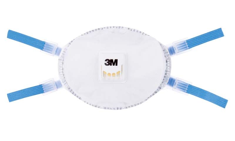 Feinstaubschutzmaske FFP2 mit vier blauen Bändern und Filterventil.