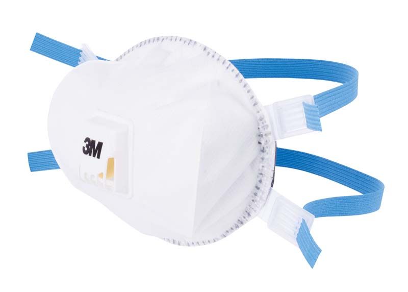 FFP2-Feinstaubschutzmaske mit blauen Bändern und seitlichem Filterventil.