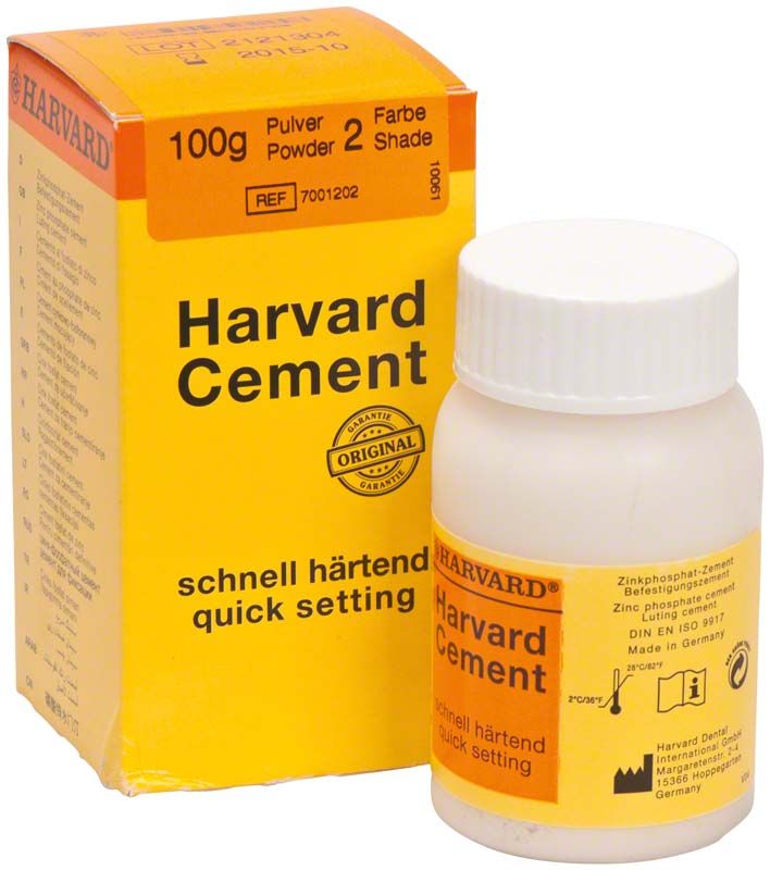 Harvard Cement schnellhärtend Pulver 100g Verpackung und Dose.