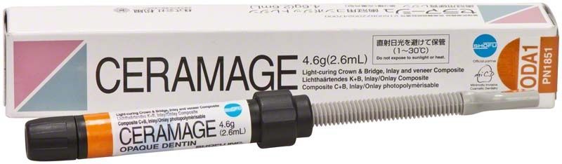 Ceramage Opaque Dentin ODA1 in Spritze vor Verpackung.