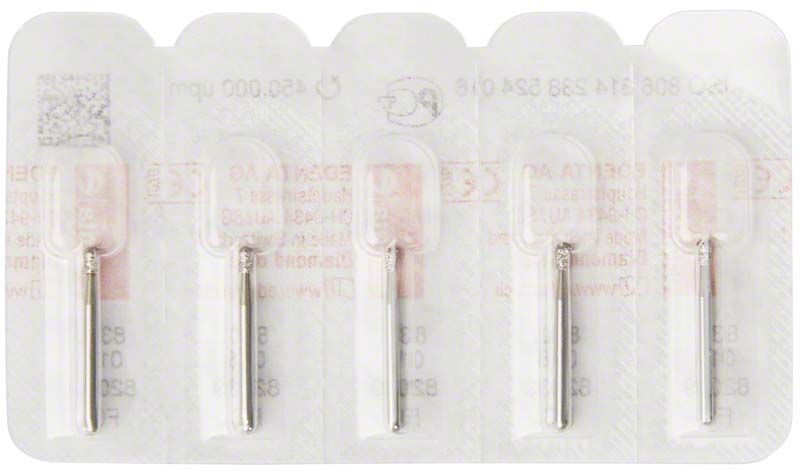 Verpackung mit vier Diamant FG 830 016 Dentalbohrern in Halterung.
