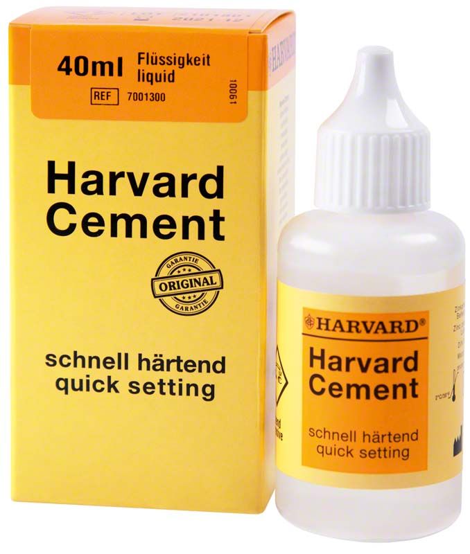 Harvard Cement schnellhärtend Flüssigkeit 40ml mit Verpackung und Flasche.