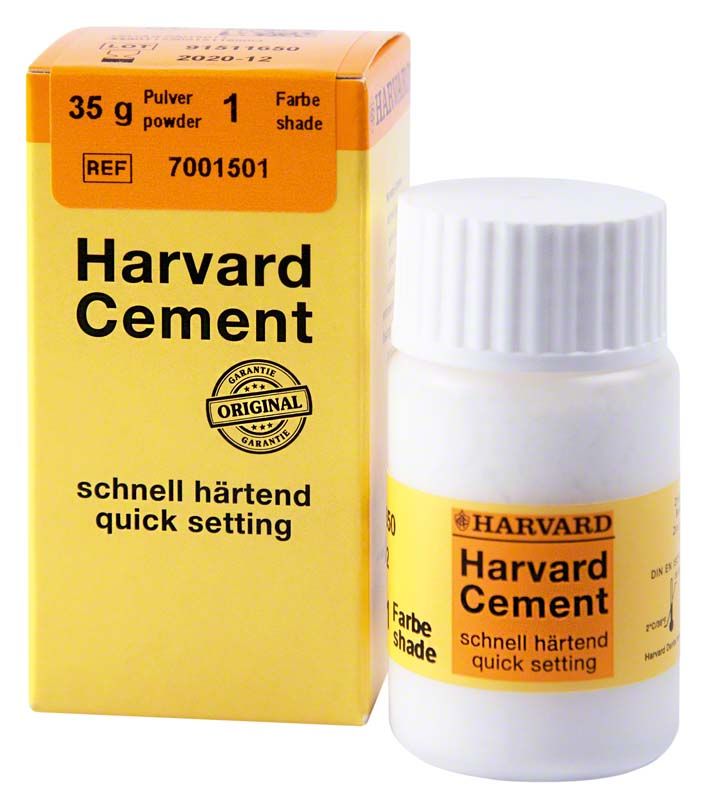 Harvard Cement schnellhärtend Pulver 35g mit Verpackung und Flasche.