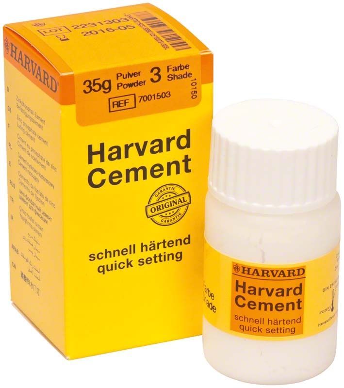 Harvard Cement schnellhärtend Pulver 35g in gelber Verpackung mit Flasche.