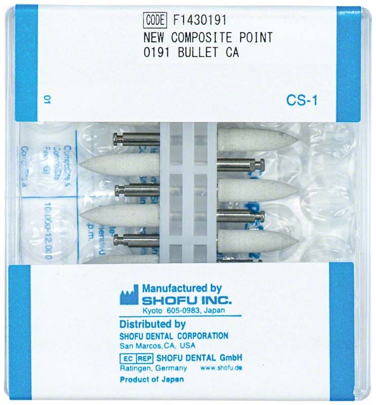 Verpackung mit fünf weißen CompoSite Walze W Pa12 Schleifspitzen von Shofu Inc.