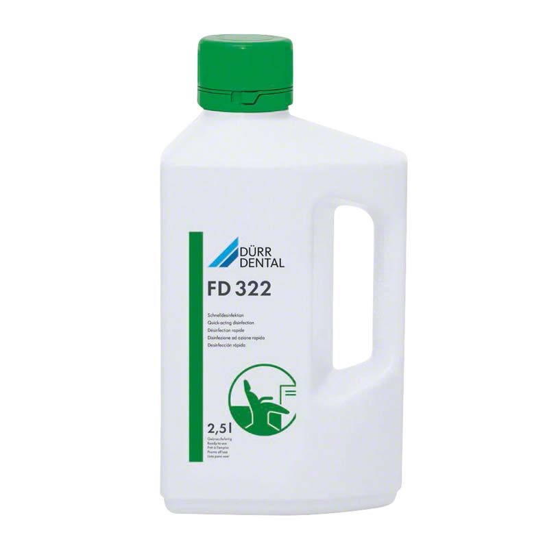 Flasche der Flächendesinfektionslösung FD 322, 2,5 Liter, mit grünem Verschluss.
