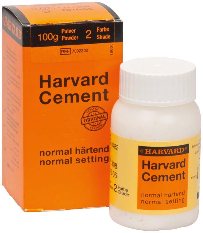 Harvard Cement normalhärtend Pulver 100g, Verpackung und Flasche.