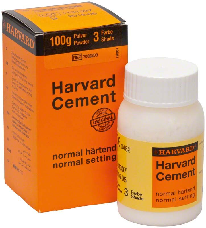 Harvard Cement normalhärtend, 100g Dose neben orangefarbener Verpackung.