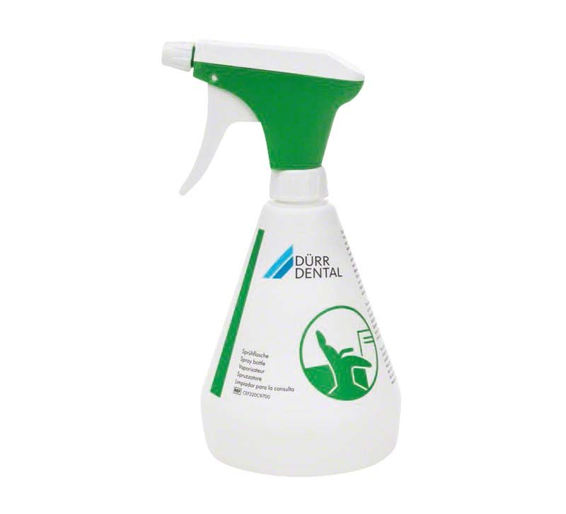Sprühflasche FD 322 von Dürr Dental mit grünem Sprühkopf.