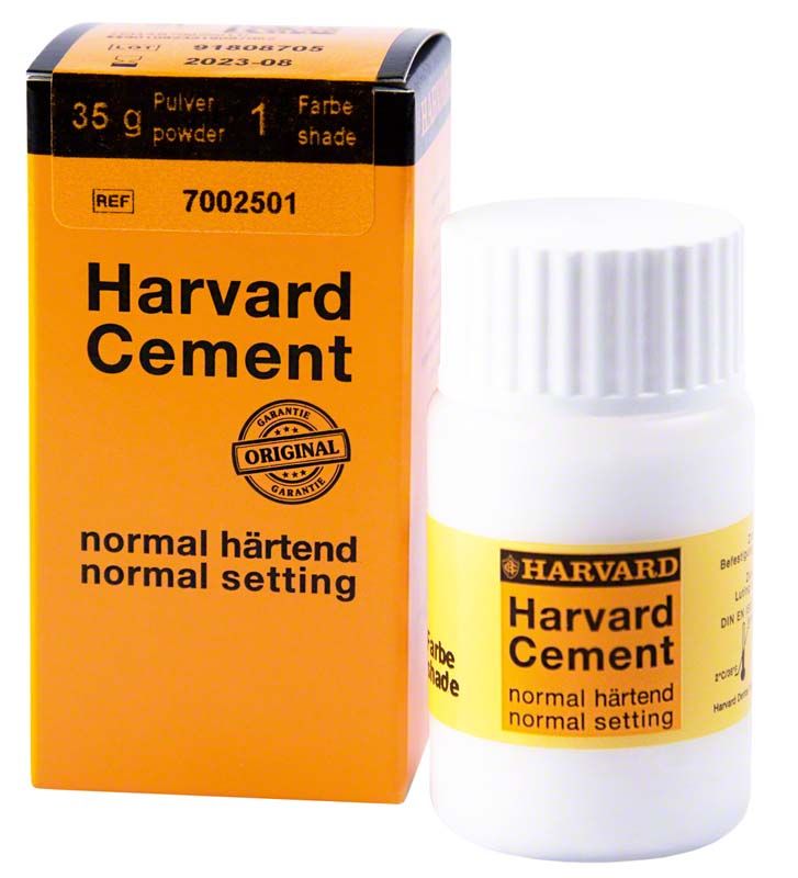 Harvard Cement normalhärtend Pulver 35g mit Verpackung und Flasche.
