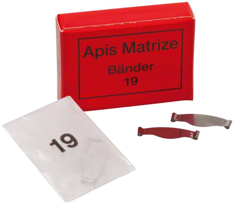 Rote Verpackung und zwei Apis Matrizenbänder 19mm für Zahnrestauration.