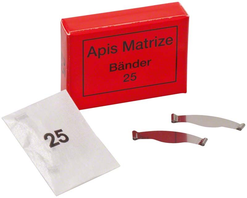 Rote Verpackung der Apis Matrizen 25mm mit zwei Matrizenbändern.