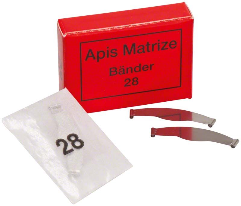 Packung Apis Matrizenbänder 28mm mit zwei losen Matrizen.