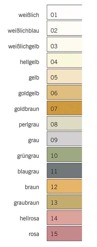 Farbskala für Hoffmanns Phosphat Cement mit 15 Farbvarianten.