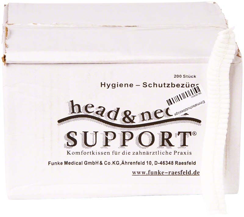 Hygieneschutzbezug-Verpackung für Kopf- und Nackenschutz in der Zahnmedizin.