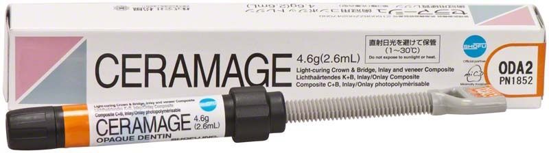Ceramage Opaque Dentin ODA2 in Spritze vor Verpackung.