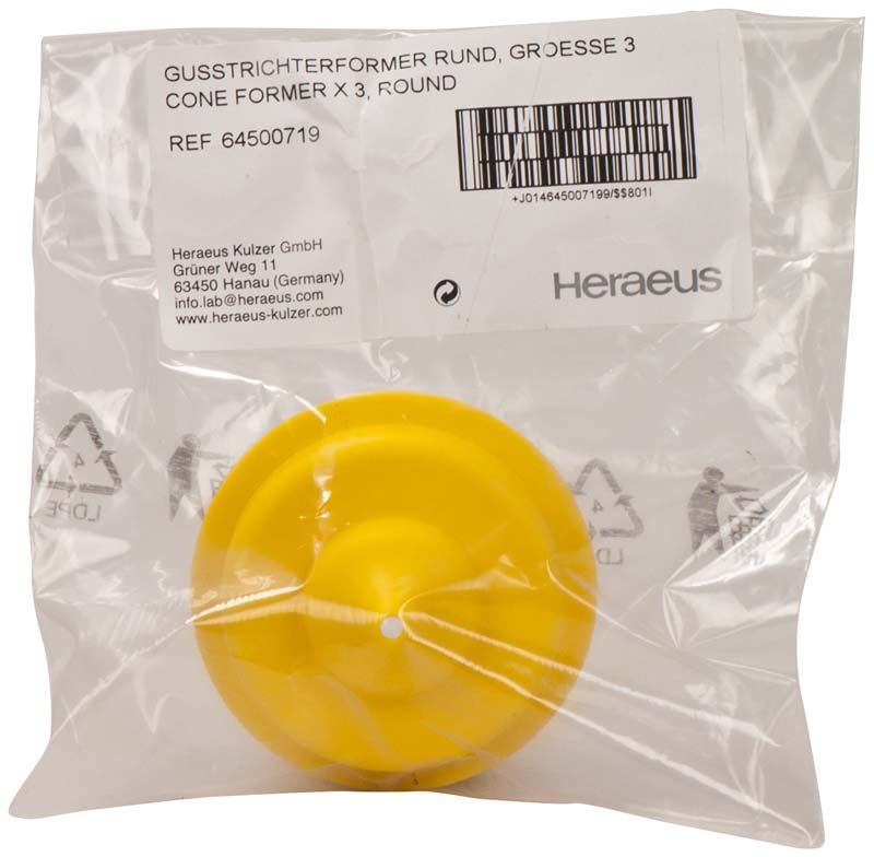 Gelber Gusstrichterformer in Kunststoffverpackung mit Etikett von Heraeus Kulzer.