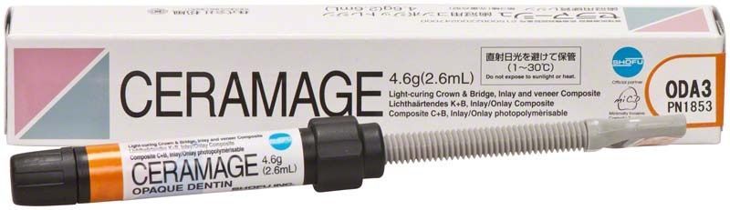 Ceramage Opaque Dentin ODA3 Kartusche und Verpackung von Shofu Dental.