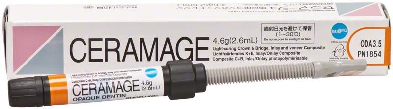 Ceramage Opaque Dentin ODA3,5 Verpackung und Applikator von Shofu Dental.