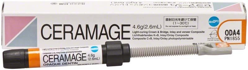 Ceramage Opaque Dentin ODA4 in Spritze vor Verpackung.
