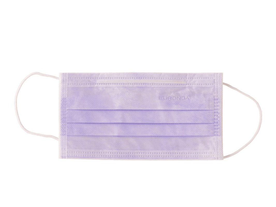 3-lagiger lilafarbener Mundschutz mit Gummizug und Nasenbügel.