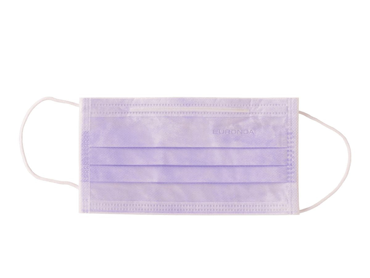 3-lagiger lilafarbener Mundschutz mit Gummizug und Nasenbügel.