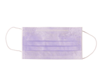 3-lagiger lilafarbener Mundschutz mit Gummizug und Nasenbügel.