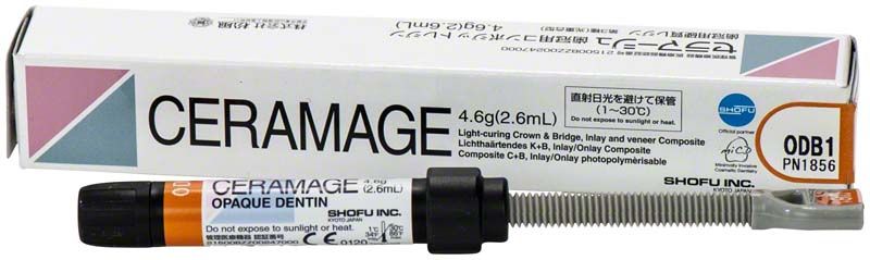 Ceramage Opaque Dentin ODB1 Spritze und Verpackung von Shofu Dental