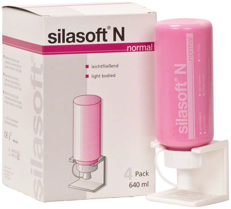 Silasoft Normal Abformmasse 4 x 160ml in rosa Flaschen mit Verpackung.