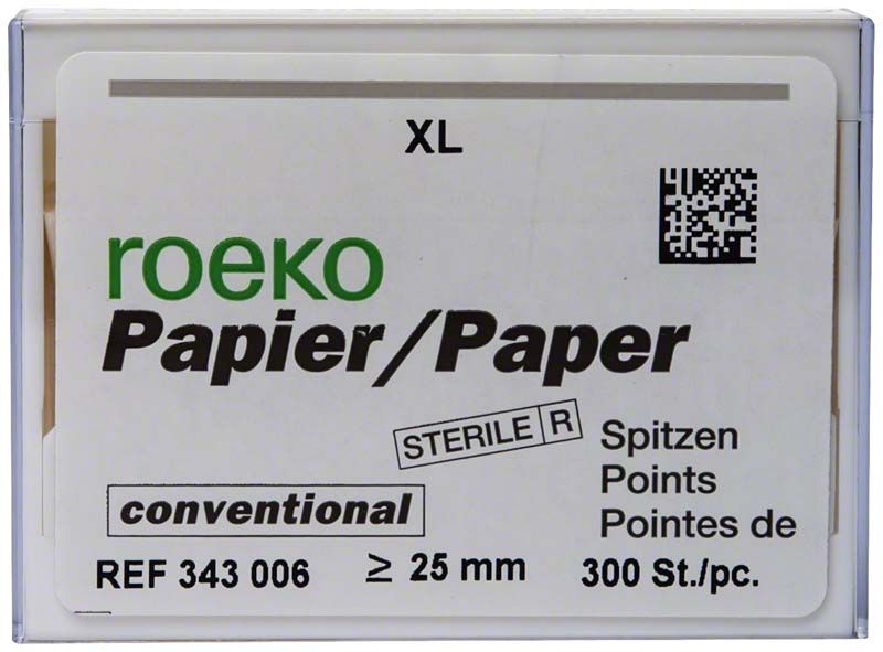 ROEKO Papierspitzen Gr. XL für Wurzelkanaltrocknung, 300 Stück pro Packung.
